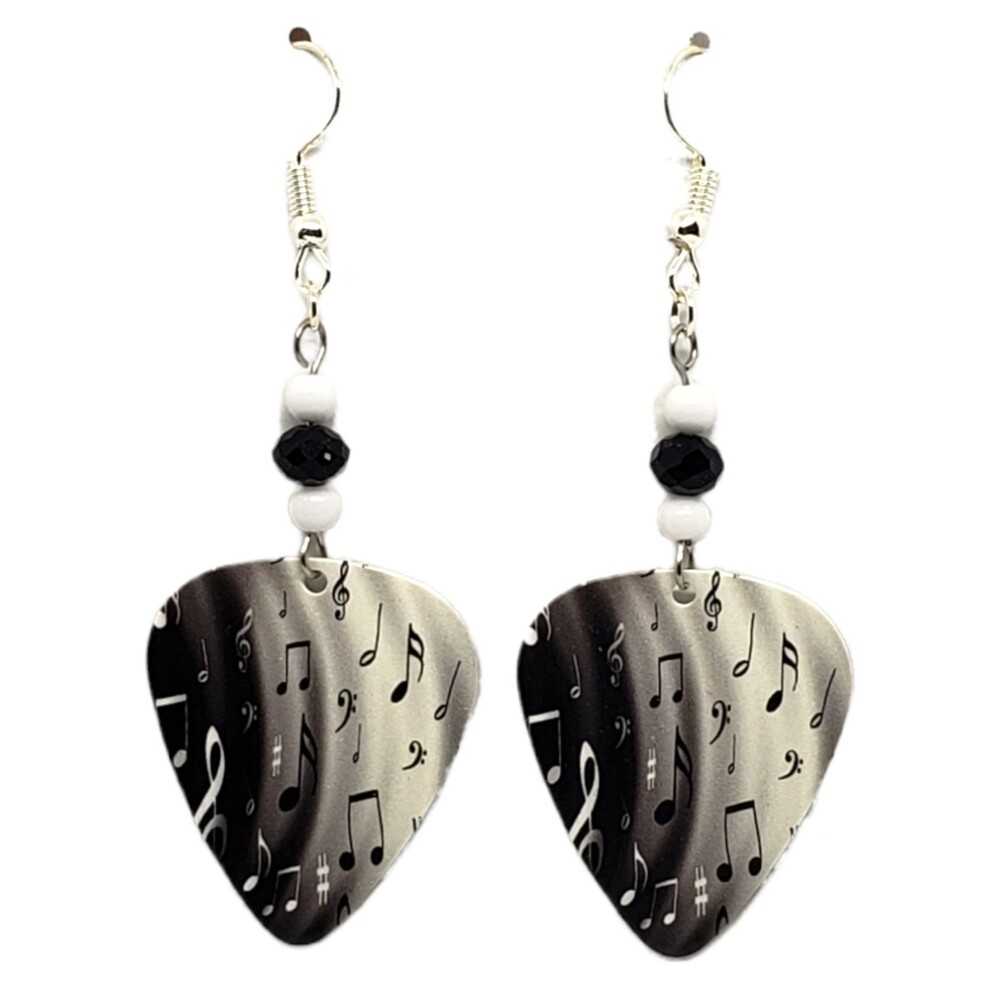 Black and White Music Notes on Guitar Pick Beaded Earrings - Handmade in USA